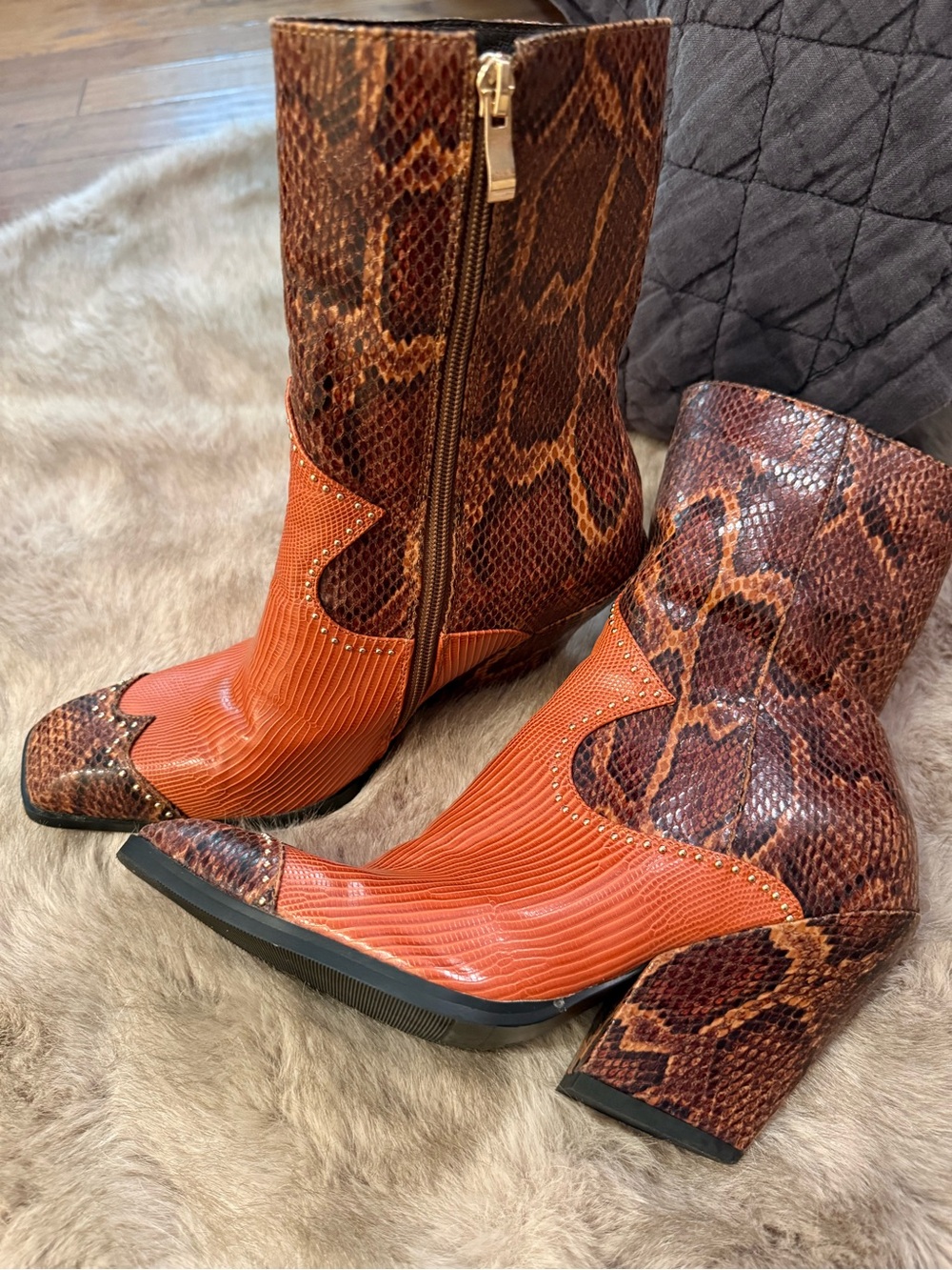 Orange and Brown Snake-Print Ankle Booties with Block Heel
